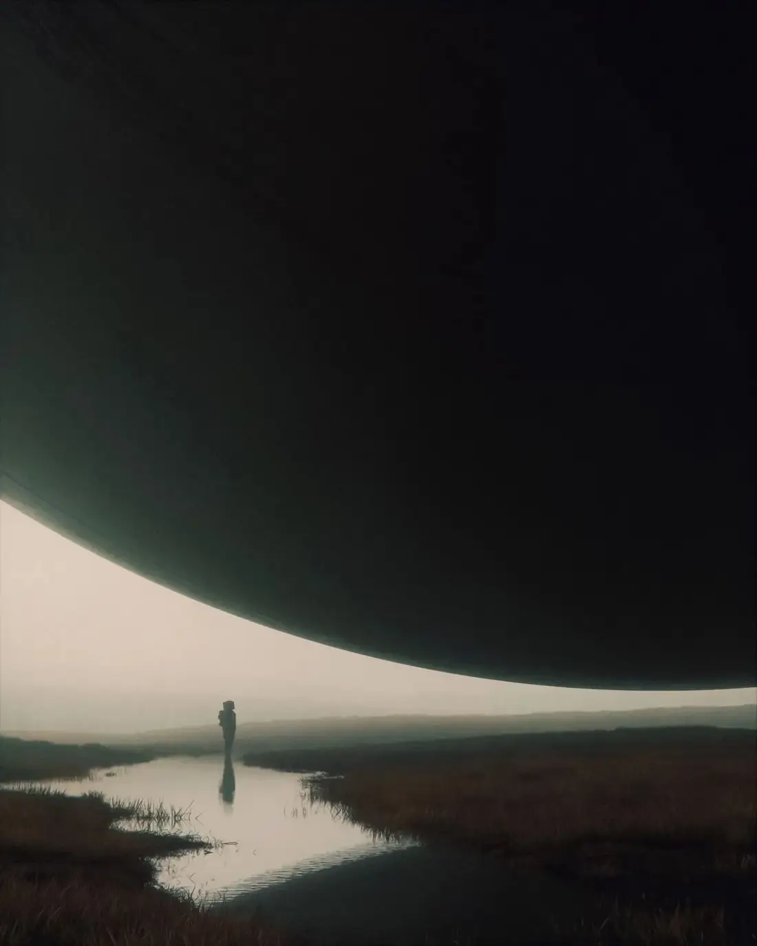 A lone figure beneath a vast dark form, standing in still water