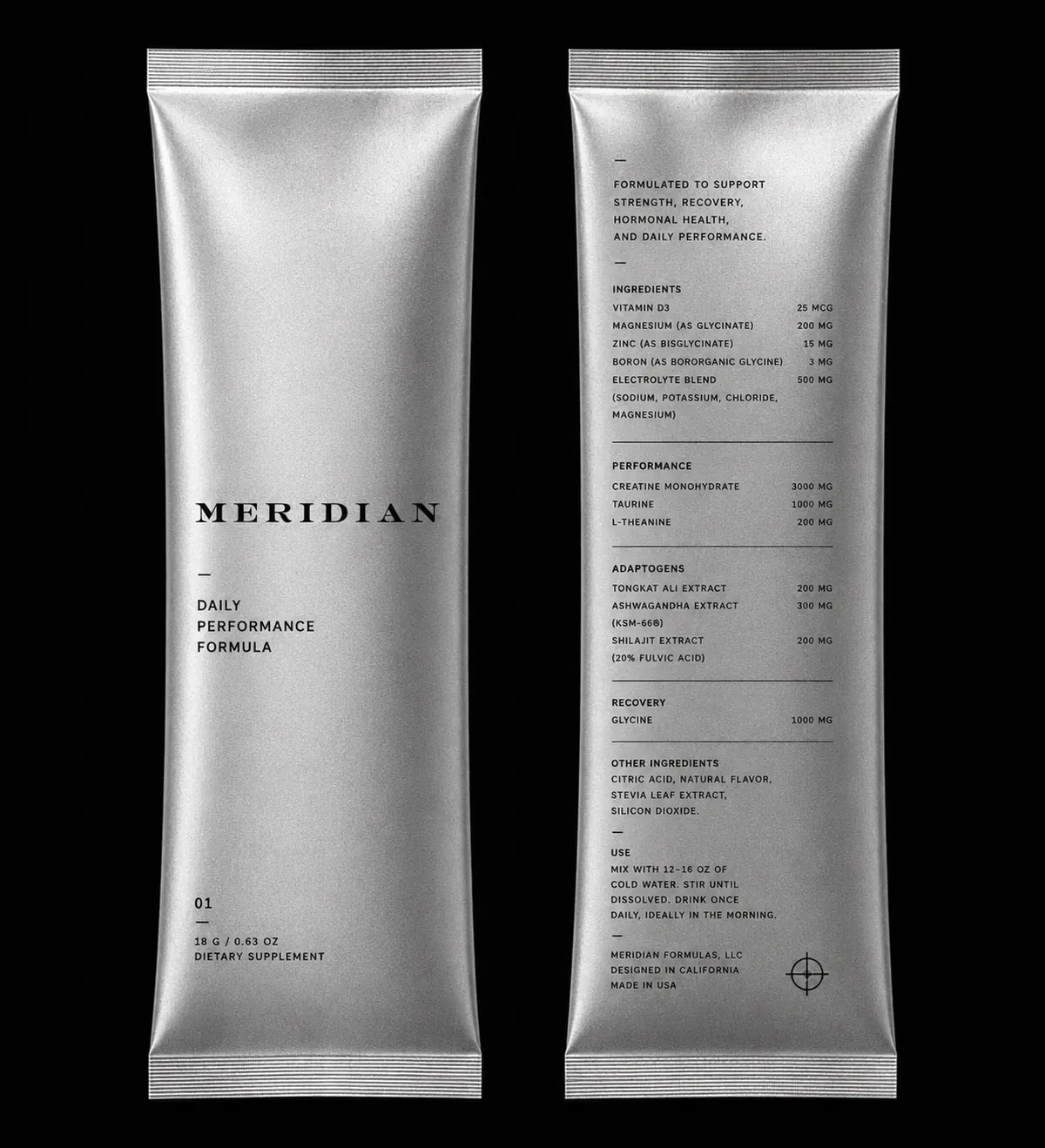 MERIDIAN foil sachet, front and reverse, on black